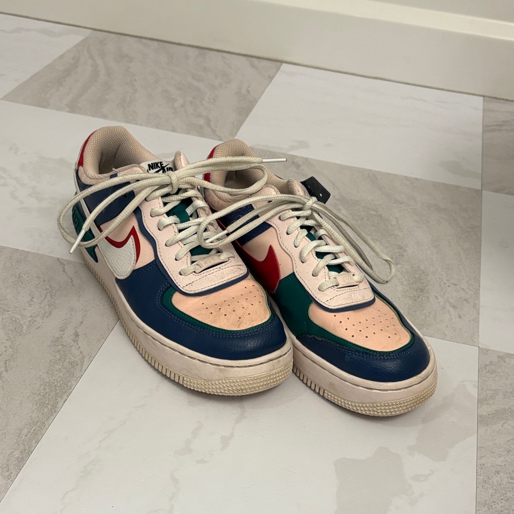 Nike Blue and Cream Air Force One Shadow Mystic Navy Sneakers with Red Accents